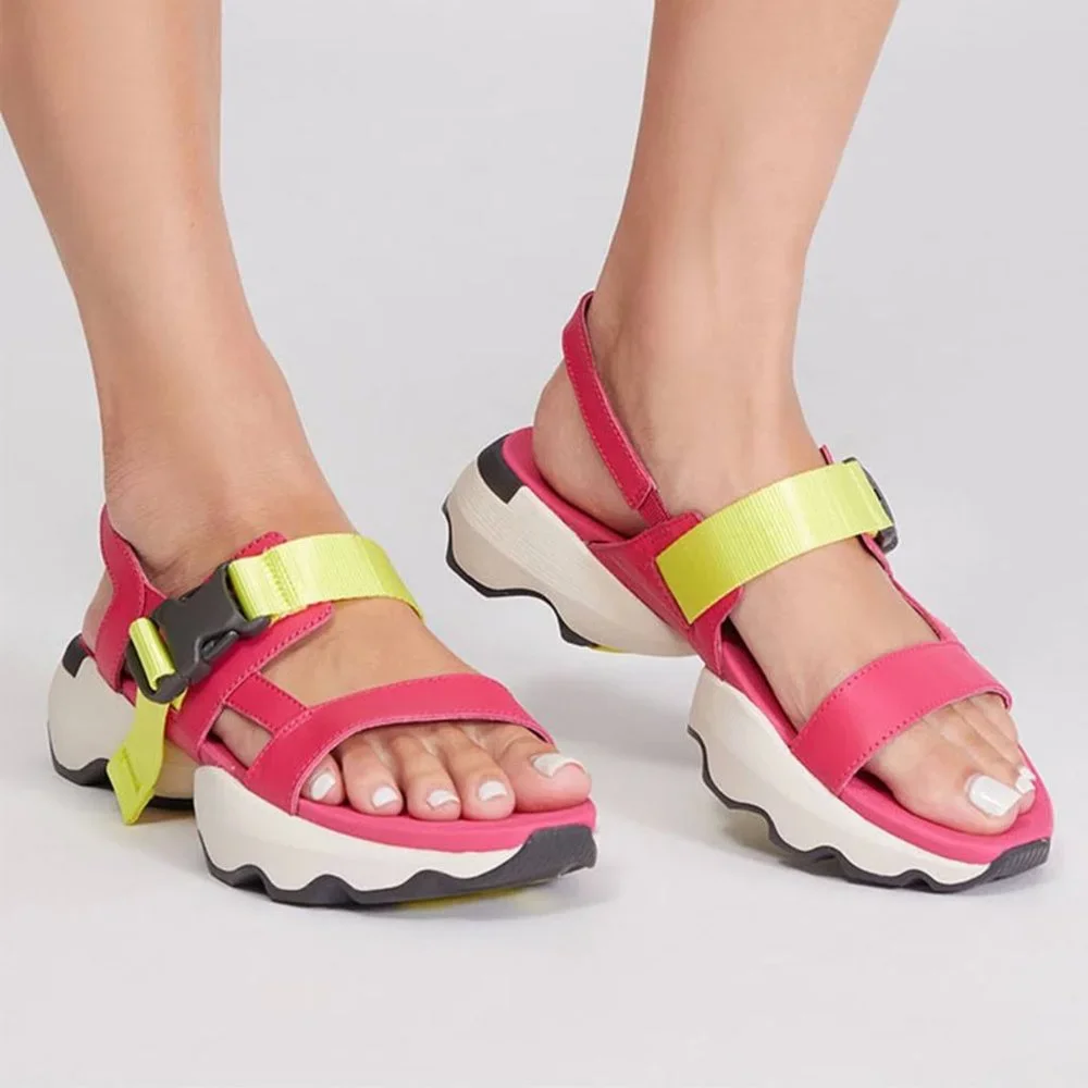 Sorel Sandals Kinetic Impact Pink Yellow Leather Strappy Chunky Colorful NEW